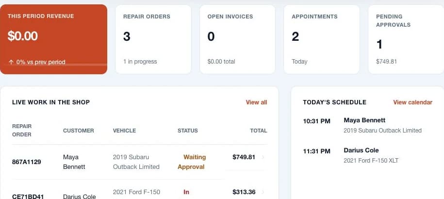Current WrenchDay dashboard showing active repair orders, pending approval, and today’s schedule