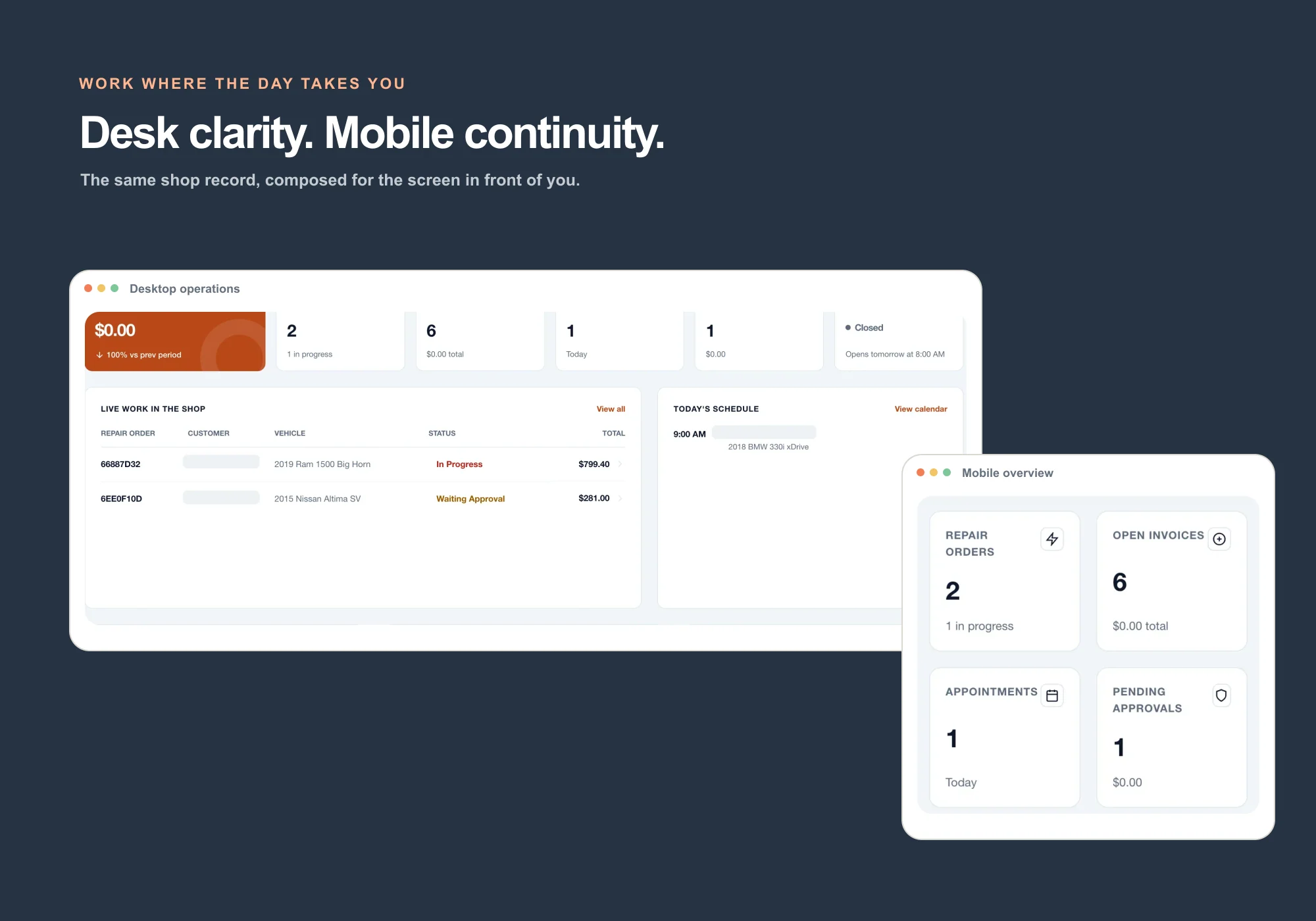 Real WrenchDay desktop and responsive mobile dashboard views