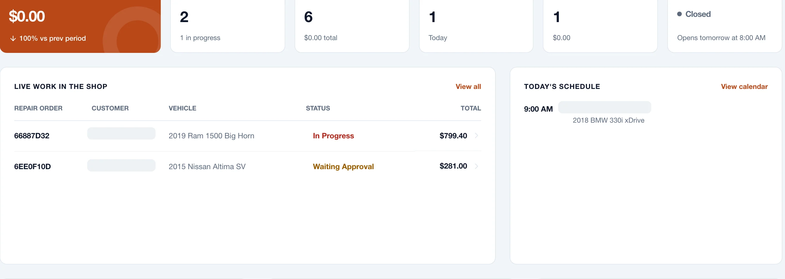 Real WrenchDay operations overview with customer names redacted